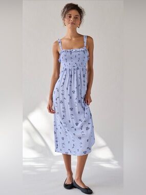 UO Selene Smocked Square Neck Ruffle Midi Dress NWT